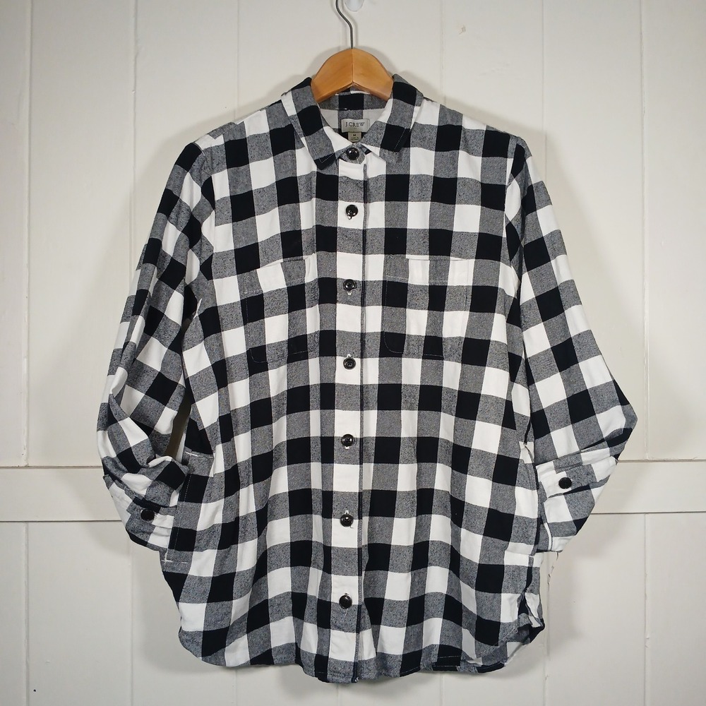 J. Crew Button Up Flannel Shirt Women M Black White Buffalo Check Pockets BA755